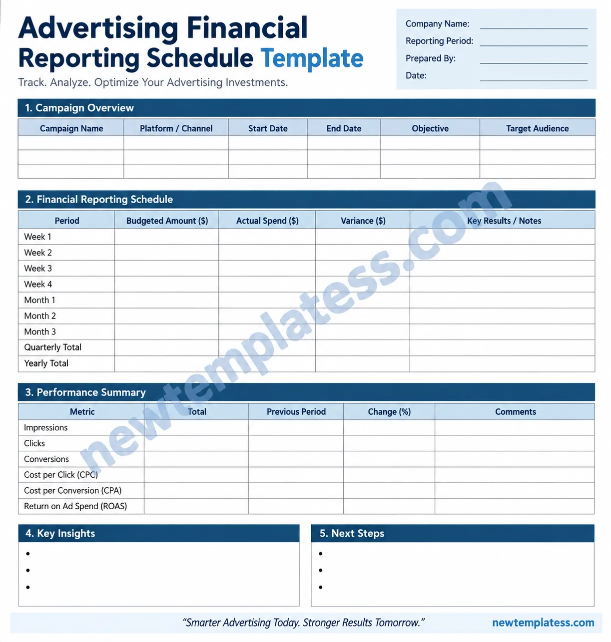 Advertising financial reporting schedule template for tracking campaign budgets, actual spending, financial variance, and advertising performance