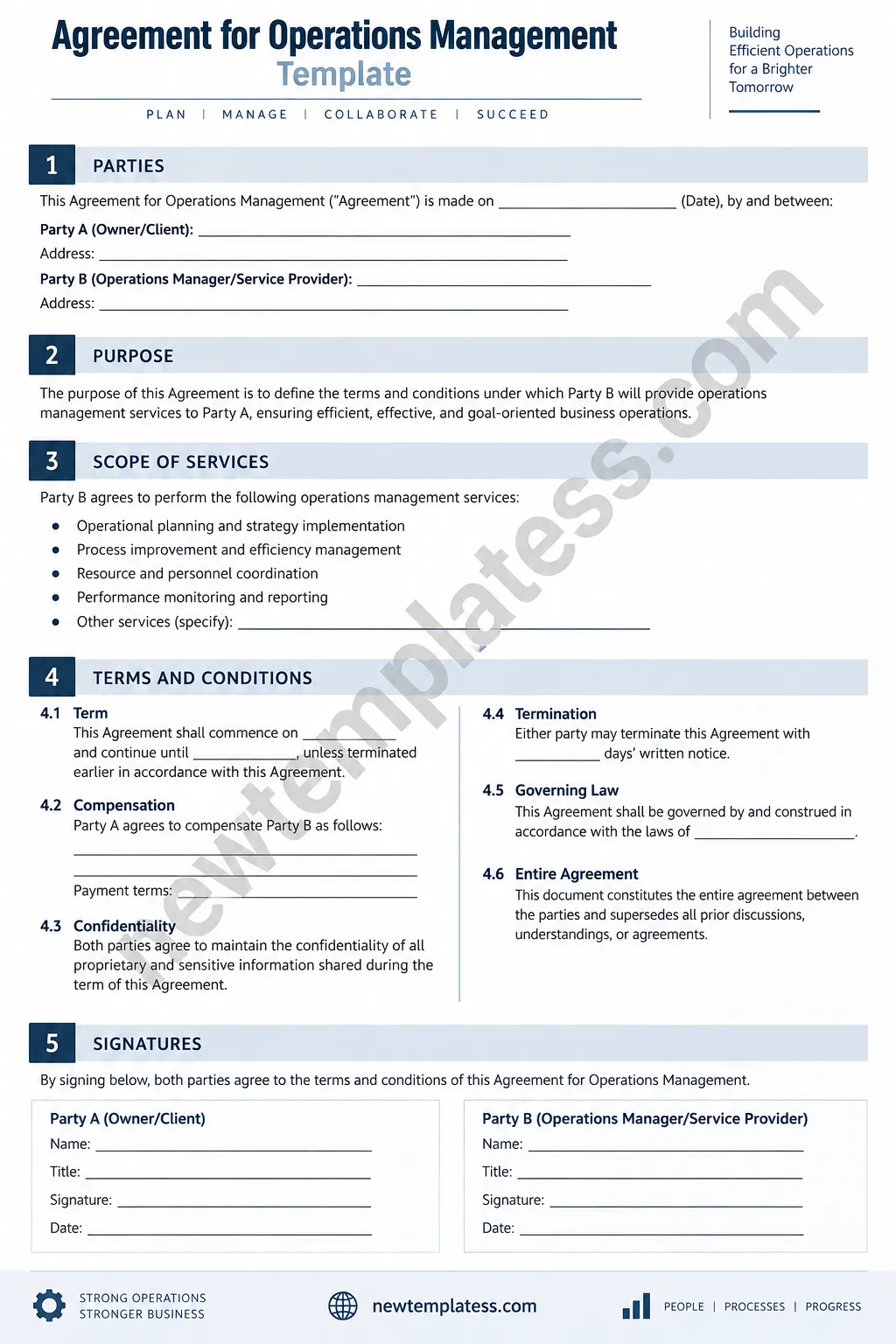 Agreement for Operations Management Template with sections for services, terms, compensation, and signatures