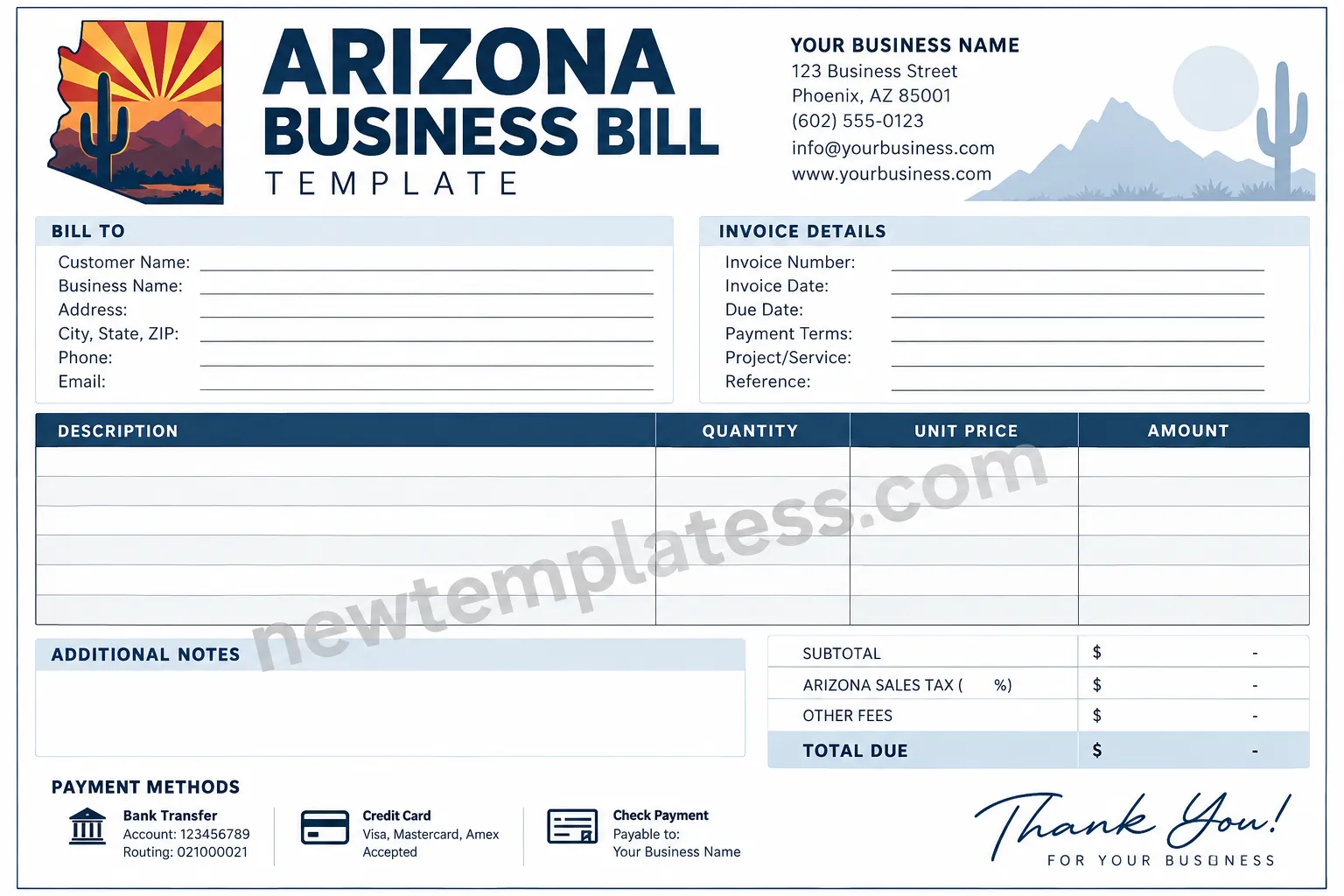 Arizona business bill template with itemized charges, customer information, payment details, and total due