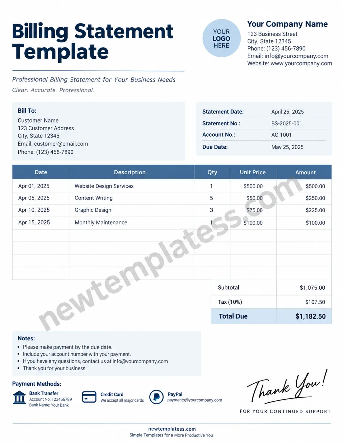 Professional printable Billing Statement Form template with customer details, transaction table, balance summary, payment methods, and business information.