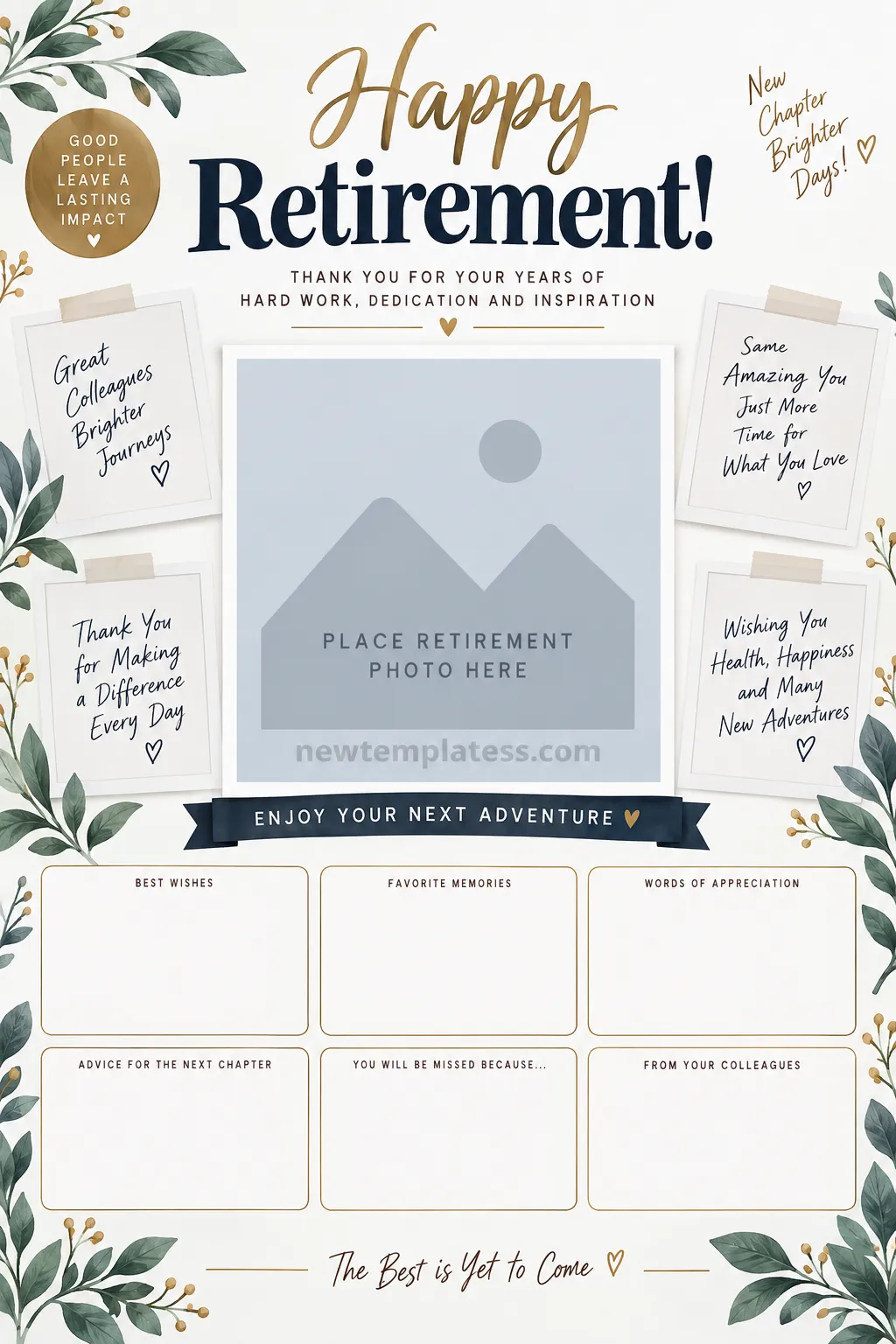 A clean printable board retirement photo template for collecting retirement wishes, memories, and appreciation from colleagues.