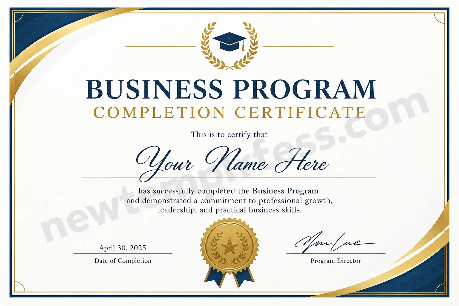 Business program completion certificate template with professional navy and gold design