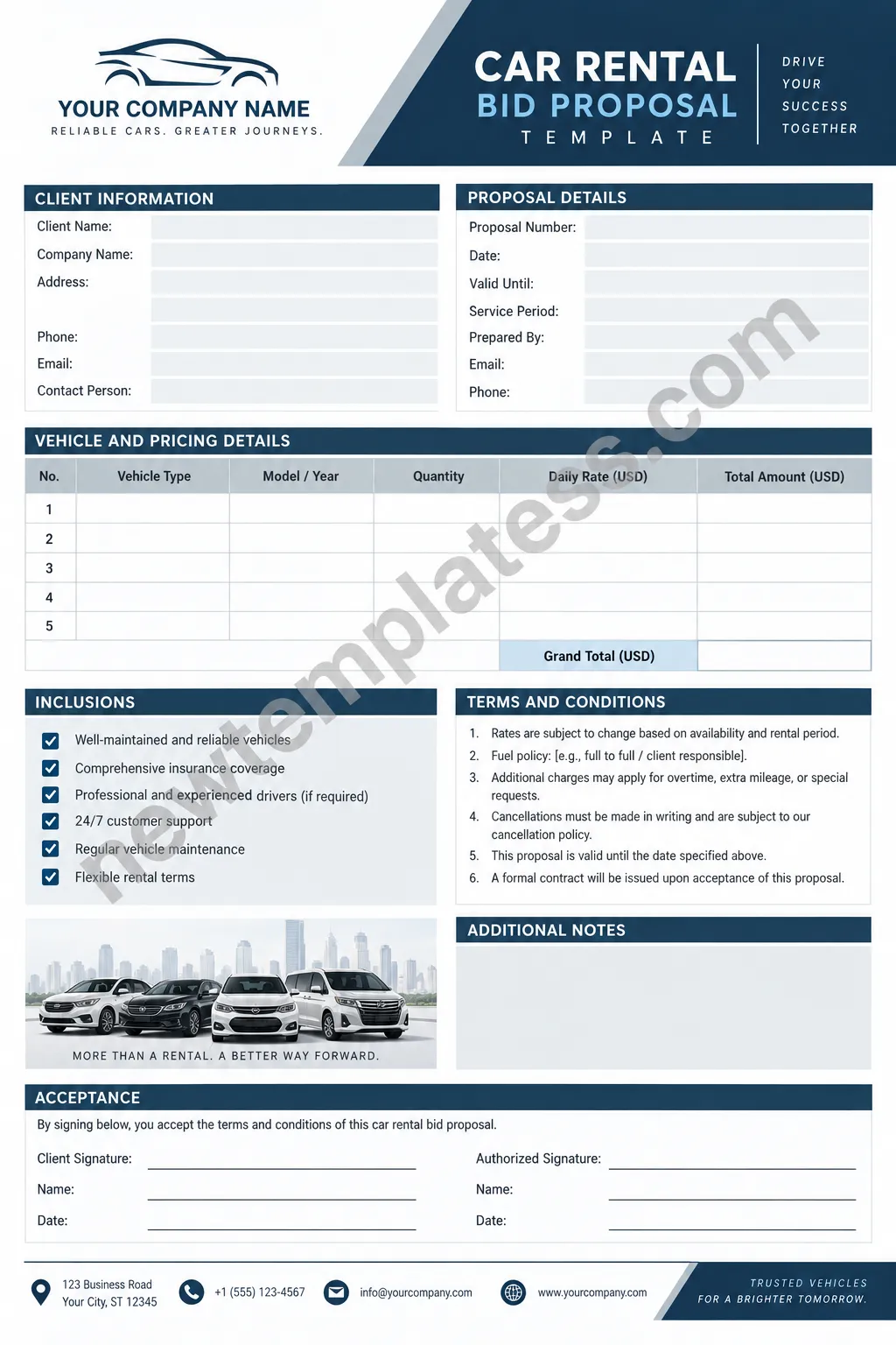 Professional car rental bid proposal template with client information, vehicle pricing, inclusions, terms, and acceptance sections