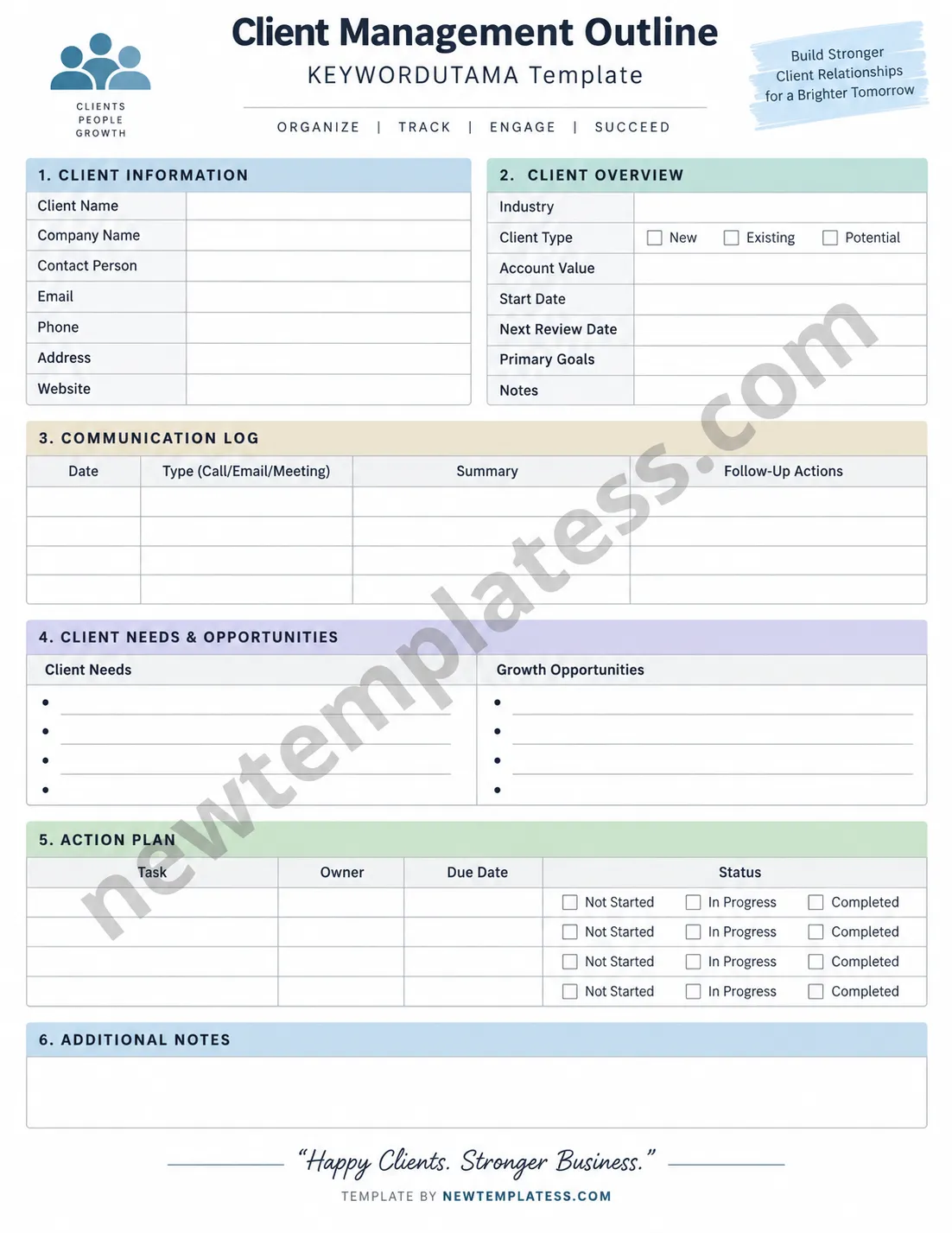 Printable Client Management Outline Template with client information, communication log, needs, opportunities, action plan, and notes