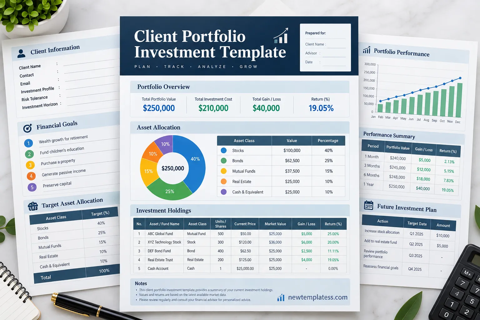 Client portfolio investment template showing asset allocation, investment holdings, portfolio performance, financial goals, and future investment planning