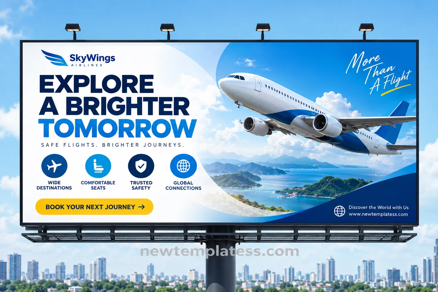 Commercial airlines billboard template featuring an airplane, travel destination, airline branding, and outdoor advertising layout