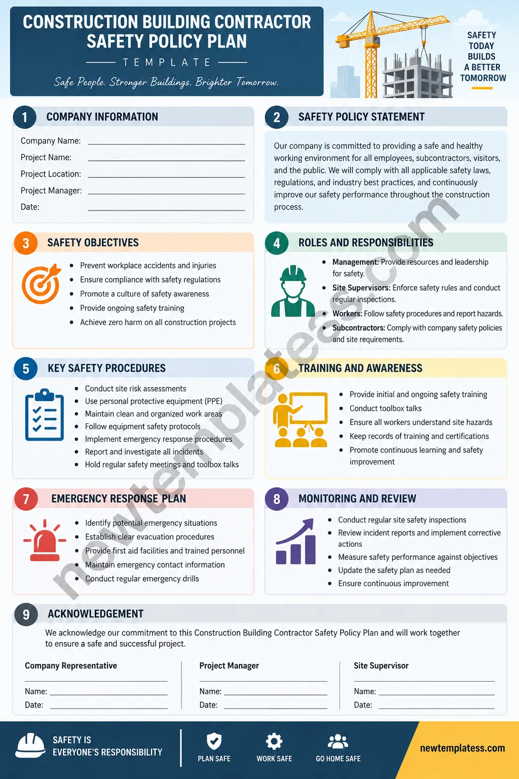 Construction building contractor safety policy plan template with safety objectives, responsibilities, procedures, training, emergency response, and acknowledgement sections