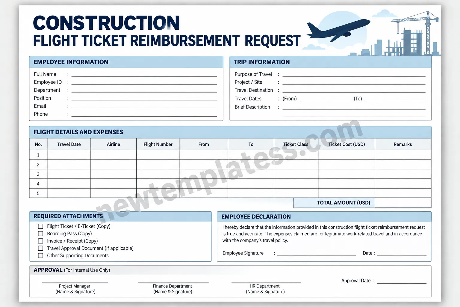 Construction flight ticket reimbursement request template with employee, trip, flight expense, attachment, and approval sections
