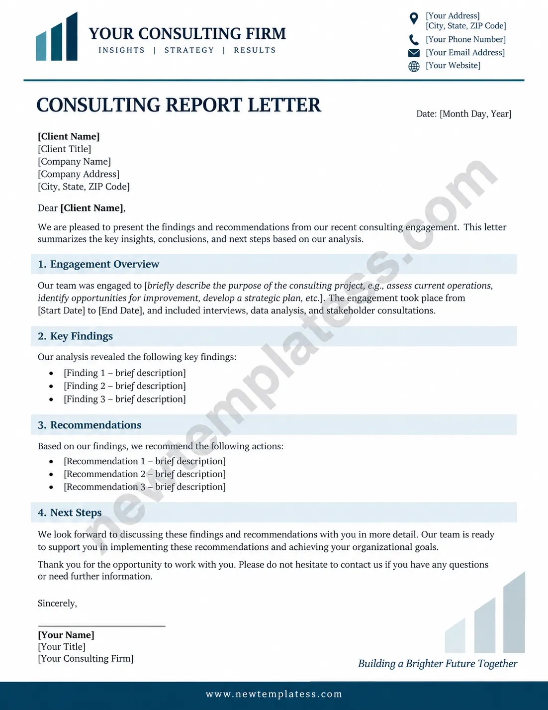 Professional consulting report letter template with sections for engagement overview, key findings, recommendations, and next steps