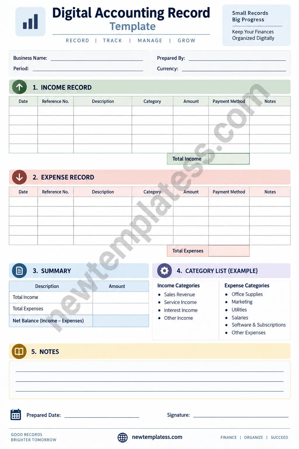 Digital Accounting Record Template for tracking income, expenses, financial summaries, and accounting categories