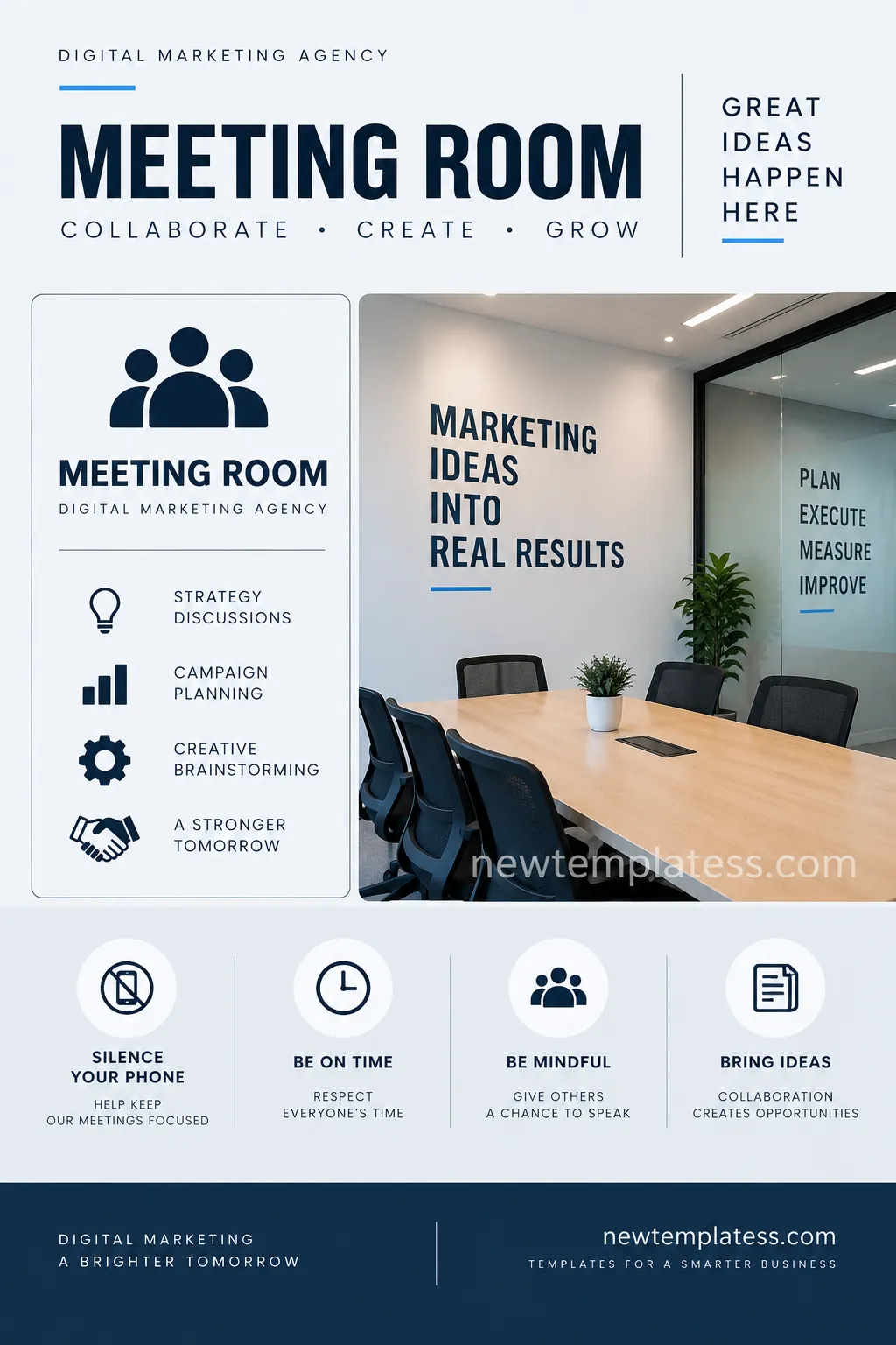 Printable digital marketing agency meeting room signage template with modern blue and navy branding, collaboration reminders, and meeting etiquette icons.