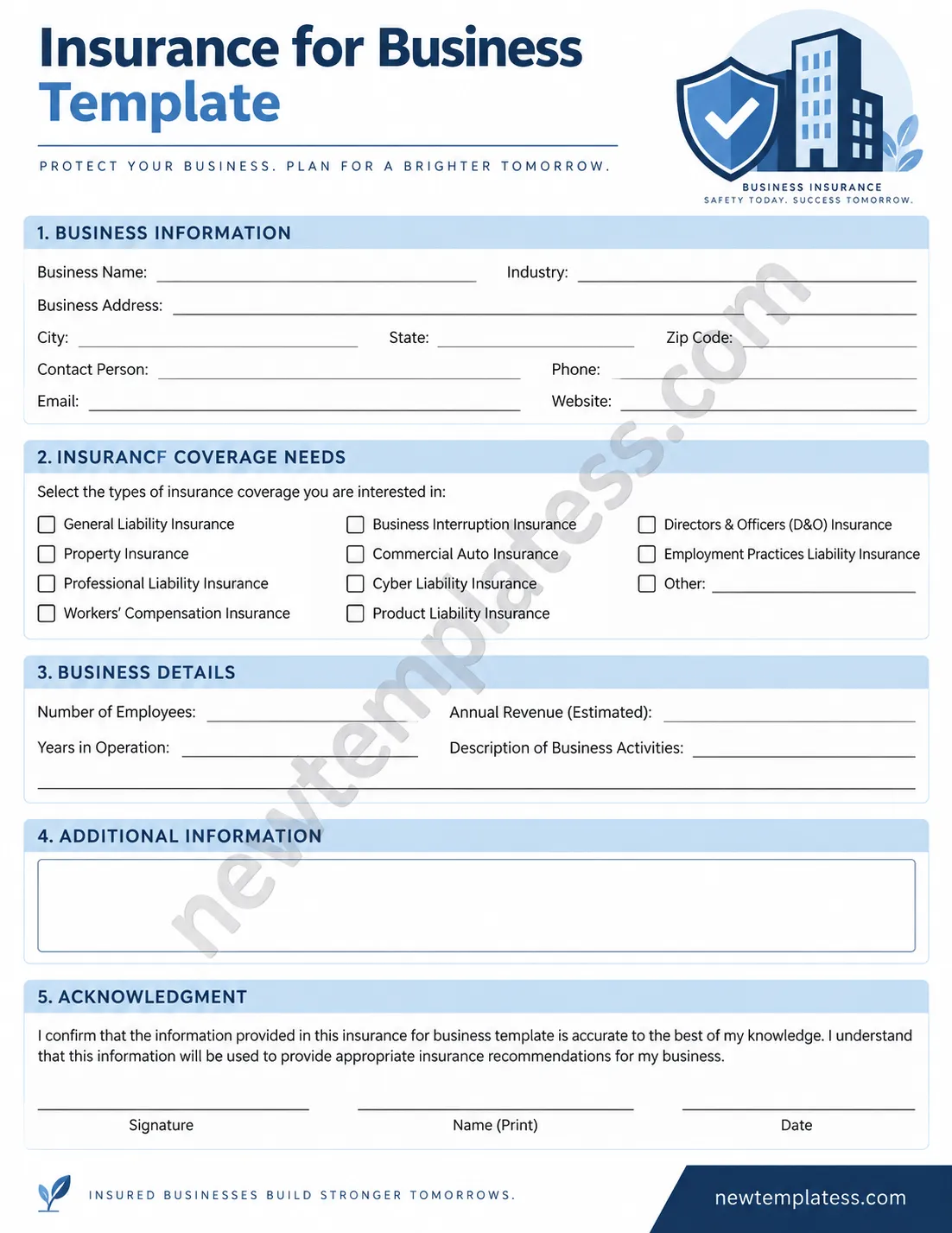 Printable insurance for business template with business information and insurance coverage checklist sections