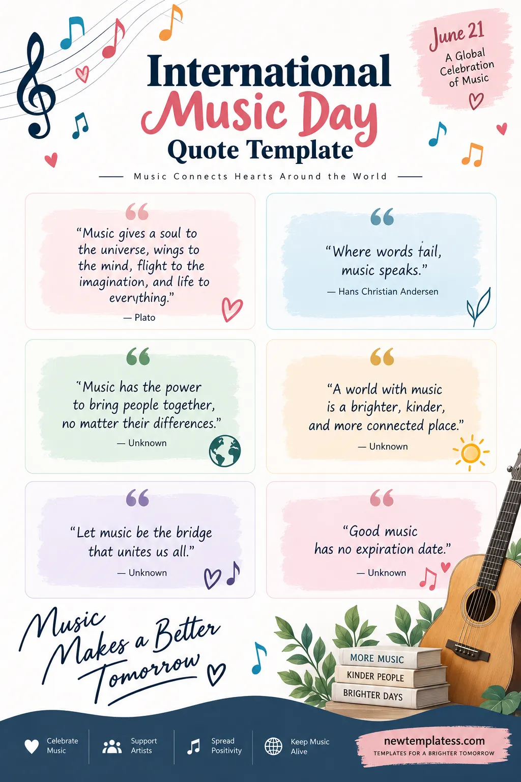 Printable International Music Day quote template with colorful music illustrations, inspirational quotes, and June 21 celebration theme