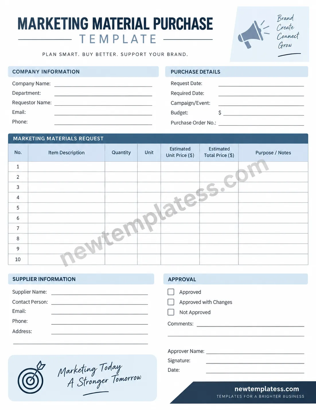 Marketing material purchase template for organizing marketing supplies, quantities, costs, suppliers, and approvals