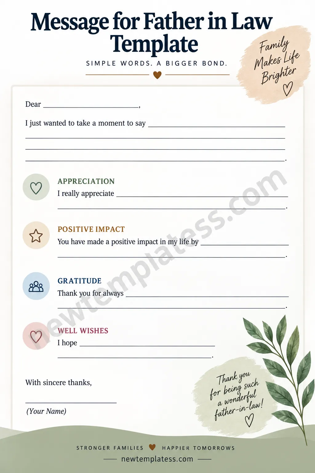 Printable message for father in law appreciation template with spaces for gratitude, appreciation, positive impact, and well wishes