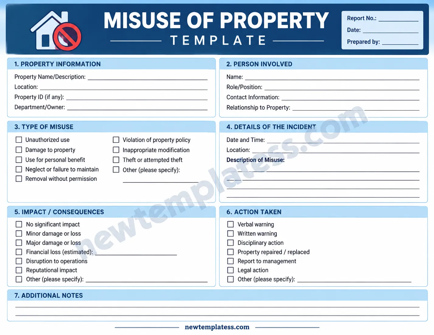 Printable misuse of property template for documenting unauthorized use, damage, and property incidents