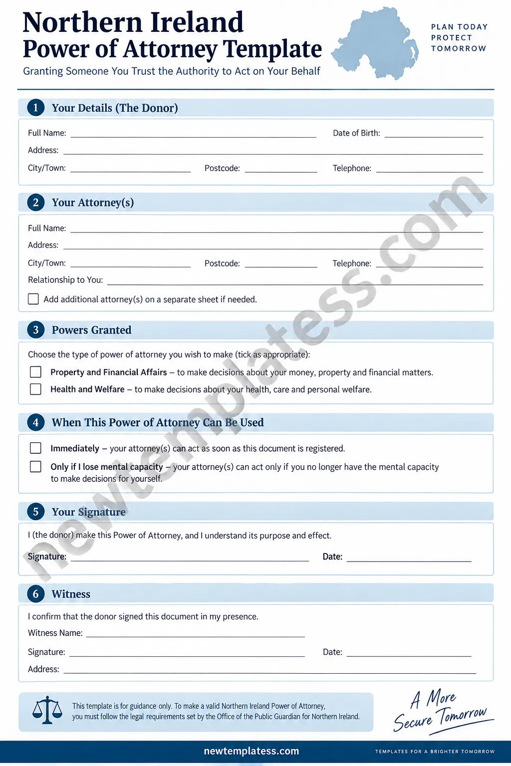 Printable Northern Ireland Power of Attorney template showing donor, attorney, financial powers, signature, and witness sections