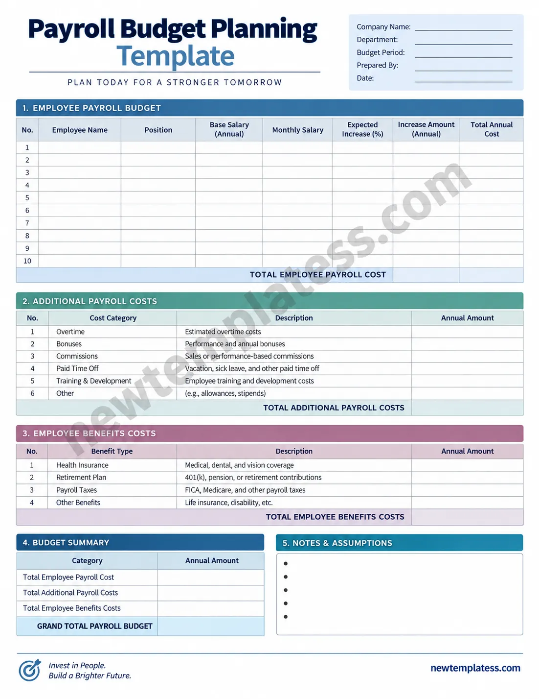 Printable payroll budget planning template for employee salaries, benefits, taxes, and additional payroll costs