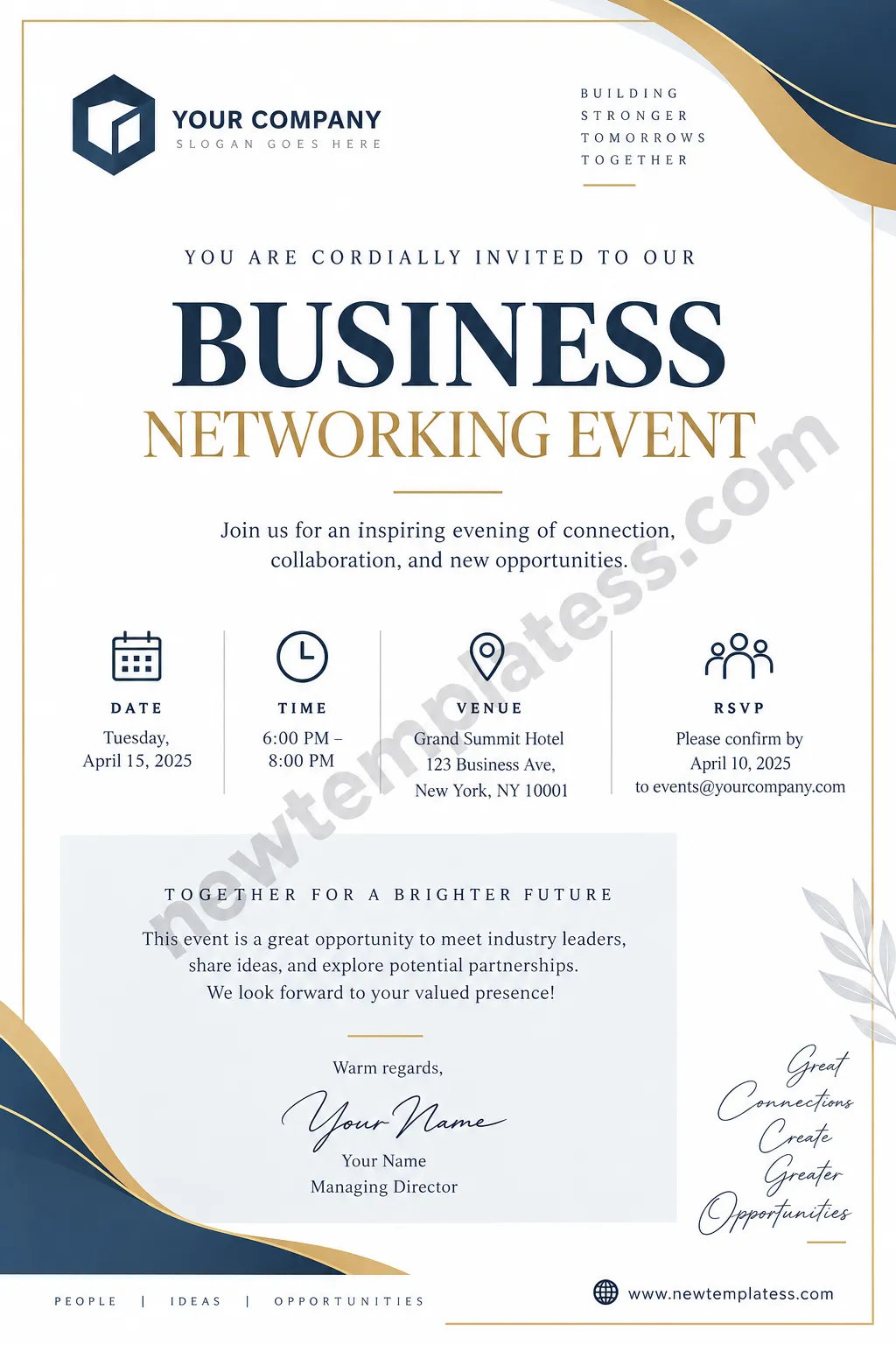 Professional business invitation template with elegant navy and gold corporate design