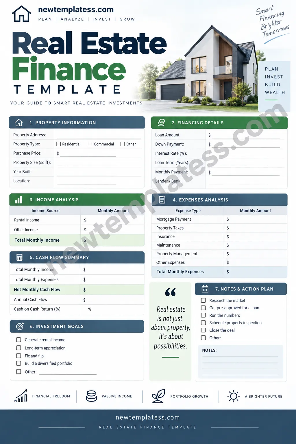 Real Estate Finance Template for analyzing property financing, income, expenses, cash flow, and investment goals