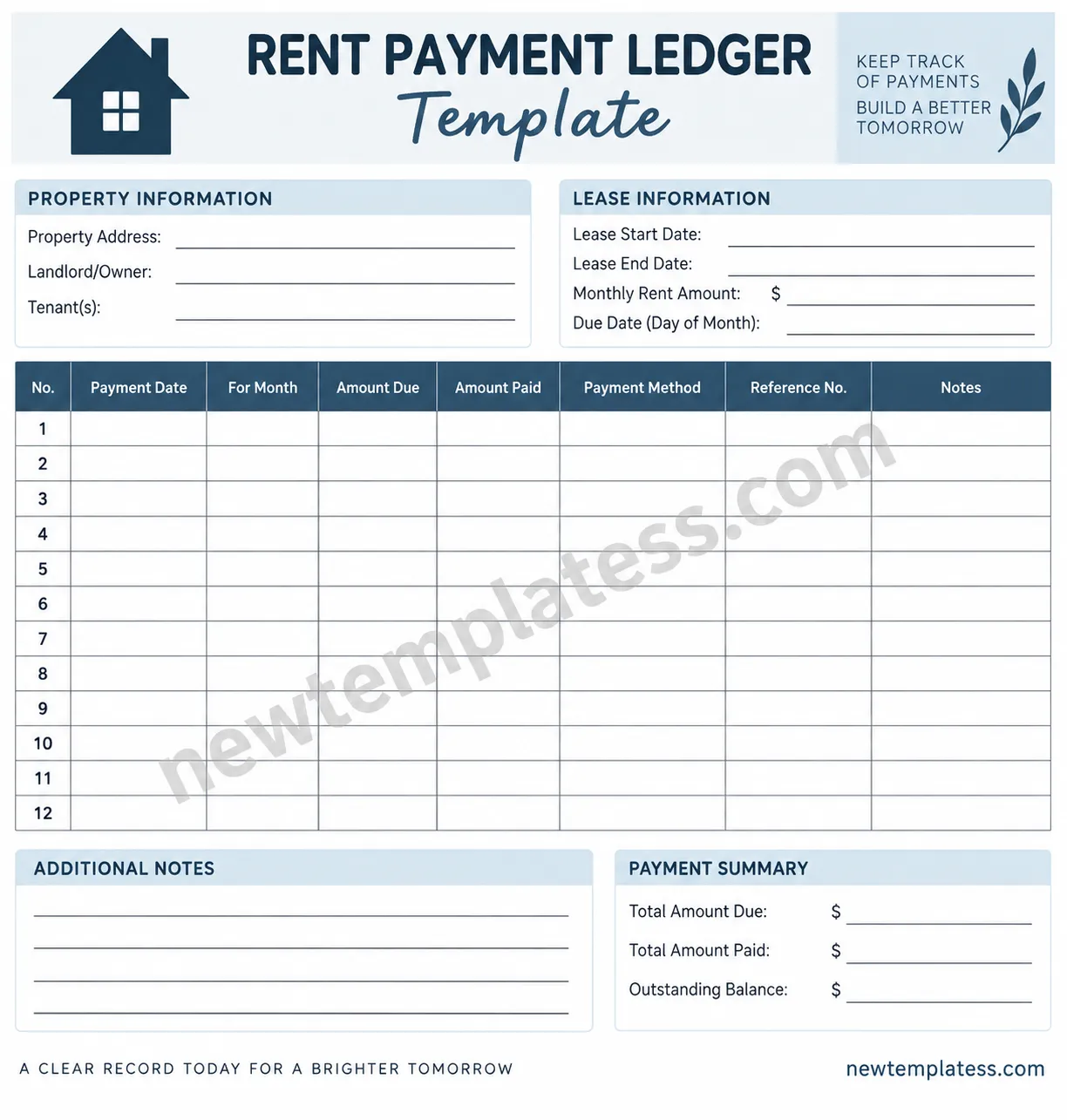 Printable rent payment ledger template for recording rental payments, dates, amounts, payment methods, and outstanding balances.