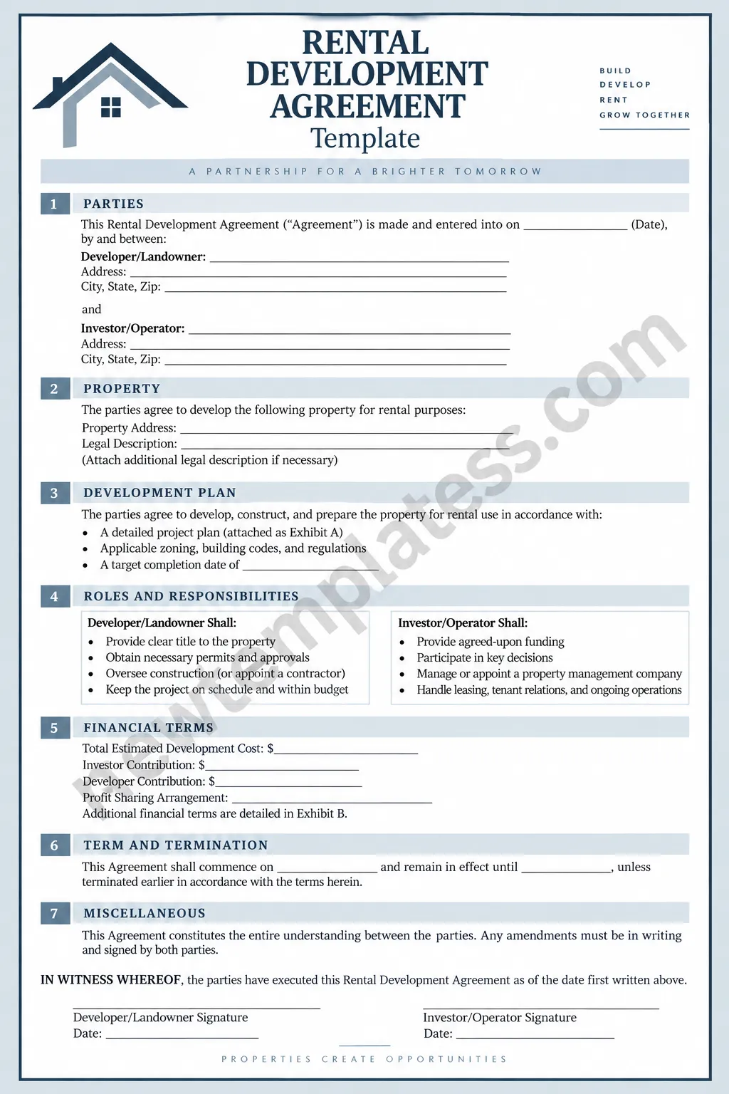 Printable rental development agreement template showing property development, financial terms, responsibilities, and signature sections