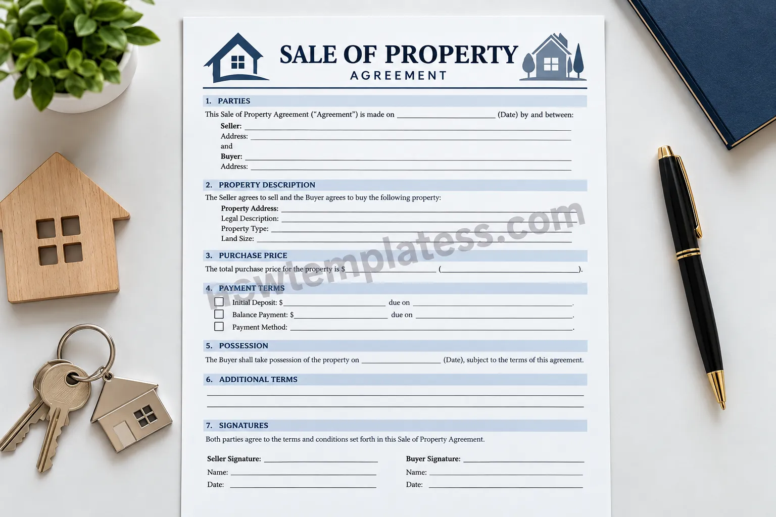 Printable sale of property agreement template with property details, purchase price, payment terms, possession, and signatures
