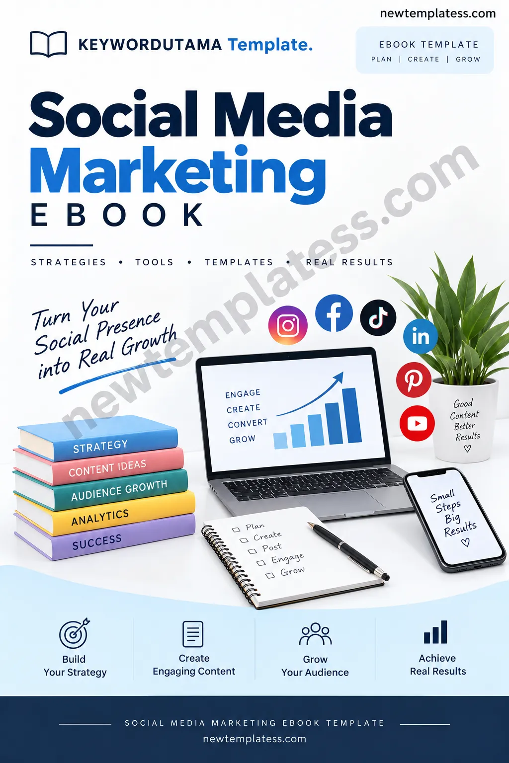 Social media marketing ebook template with strategy, content planning, audience growth, analytics, and social media icons