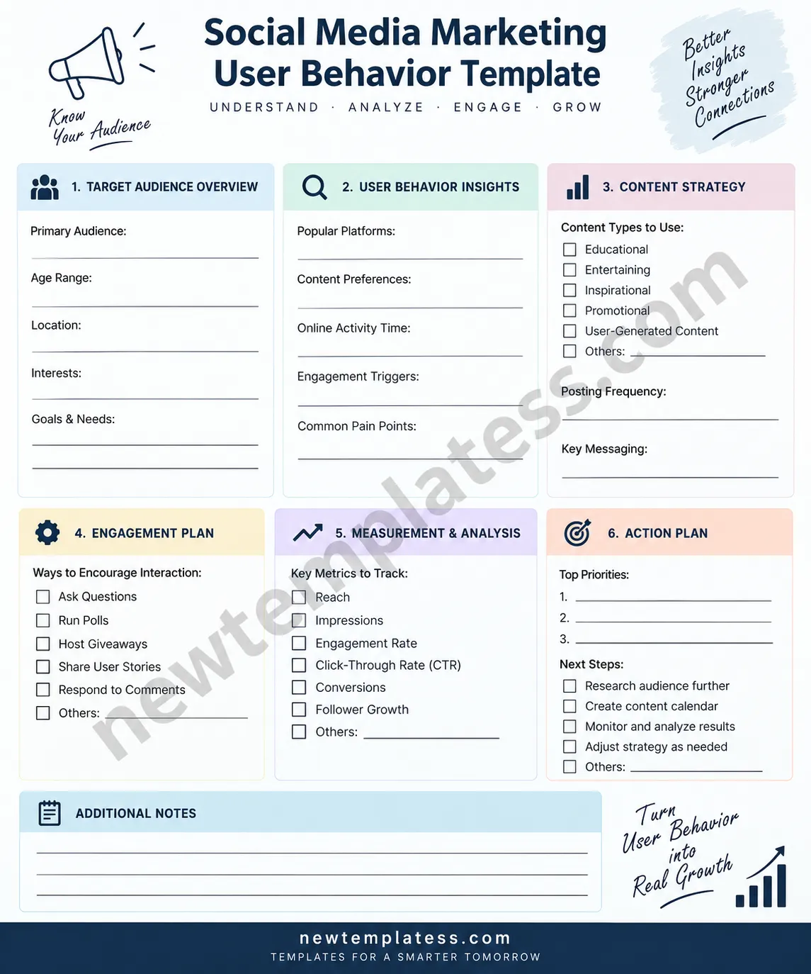 Social media marketing user behavior template for analyzing audience preferences, engagement, content strategy, and performance metrics