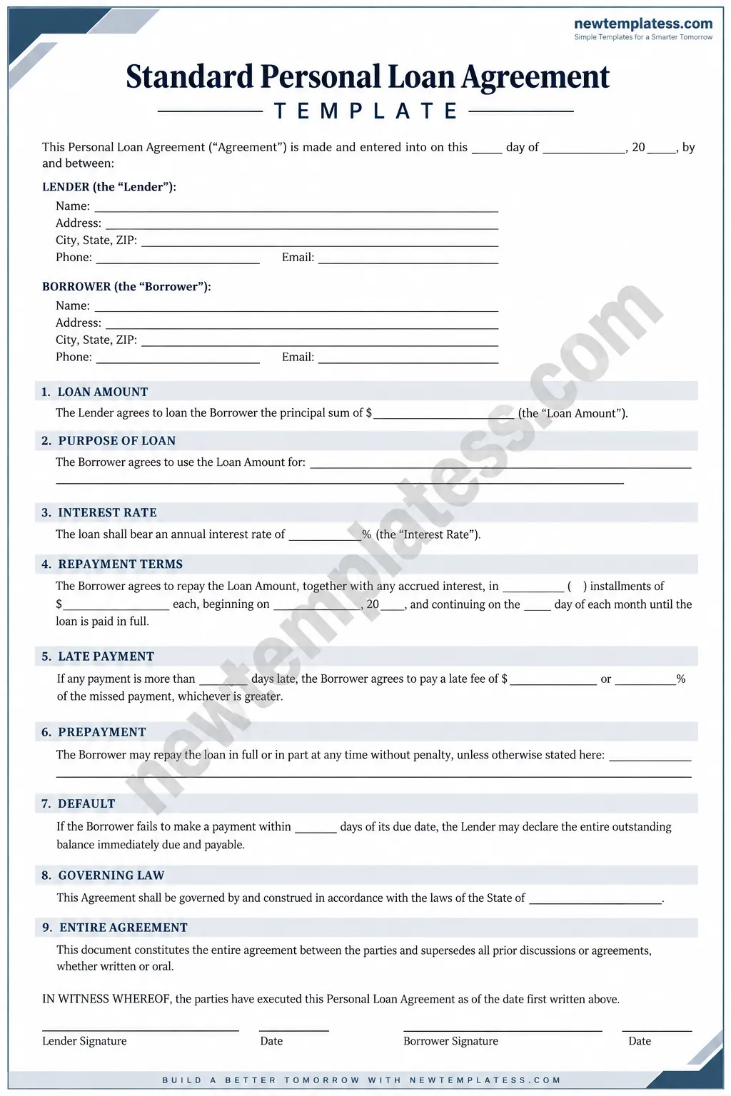 Standard personal loan agreement template with lender, borrower, loan amount, interest, repayment, default, and signature fields