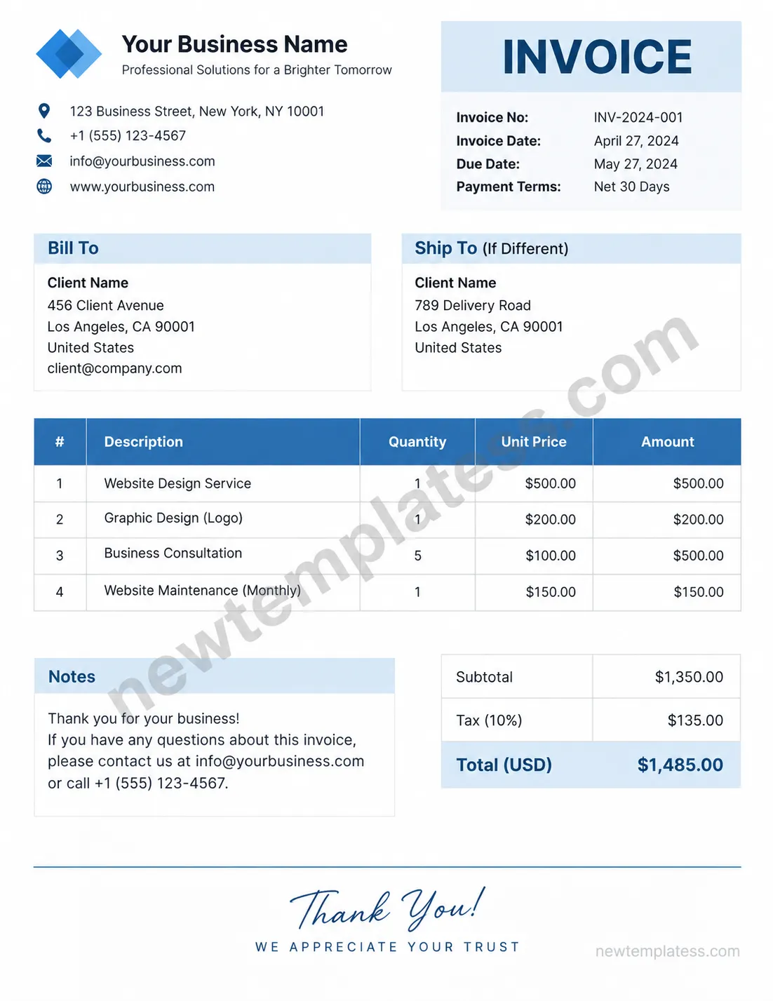Professional Word business invoice template with company details, customer information, itemized services, payment terms, and total amount