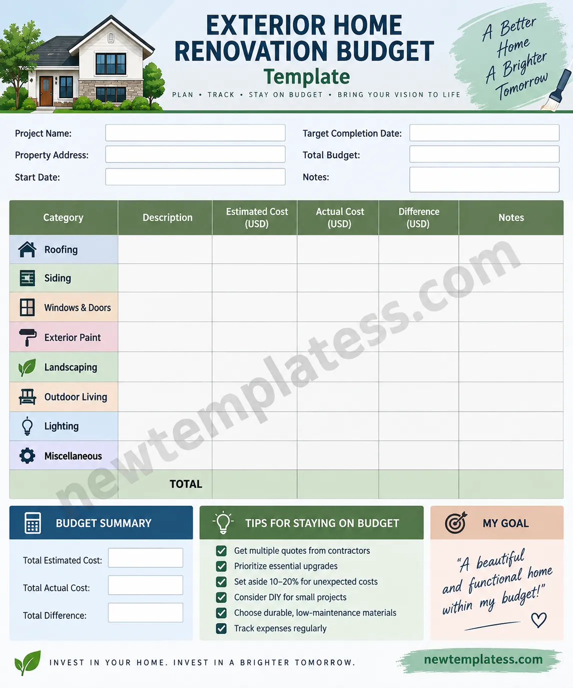 printable exterior home renovation budget template with renovation cost categories, estimated costs, actual costs, and budget summary